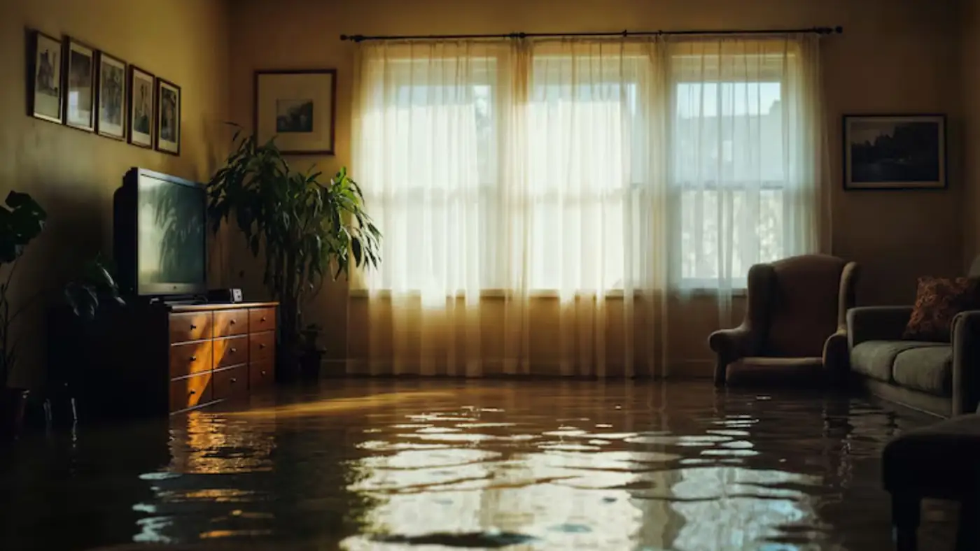 Living room with standing water on the floor after a water loss